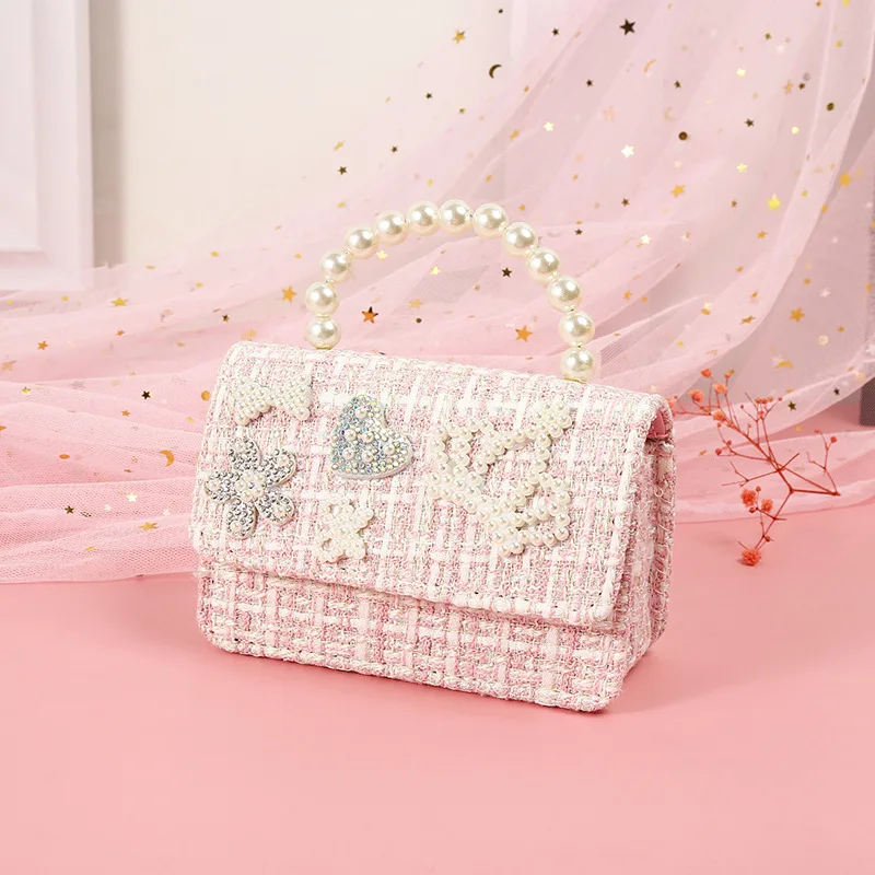 Mini sac à main en lin pour enfants, sacs à bandoulière pour filles, nœud papillon, poudres de pièces de monnaie, fourre-tout, poignée de perle de bébé, sacs à main de fête, cadeau mignon