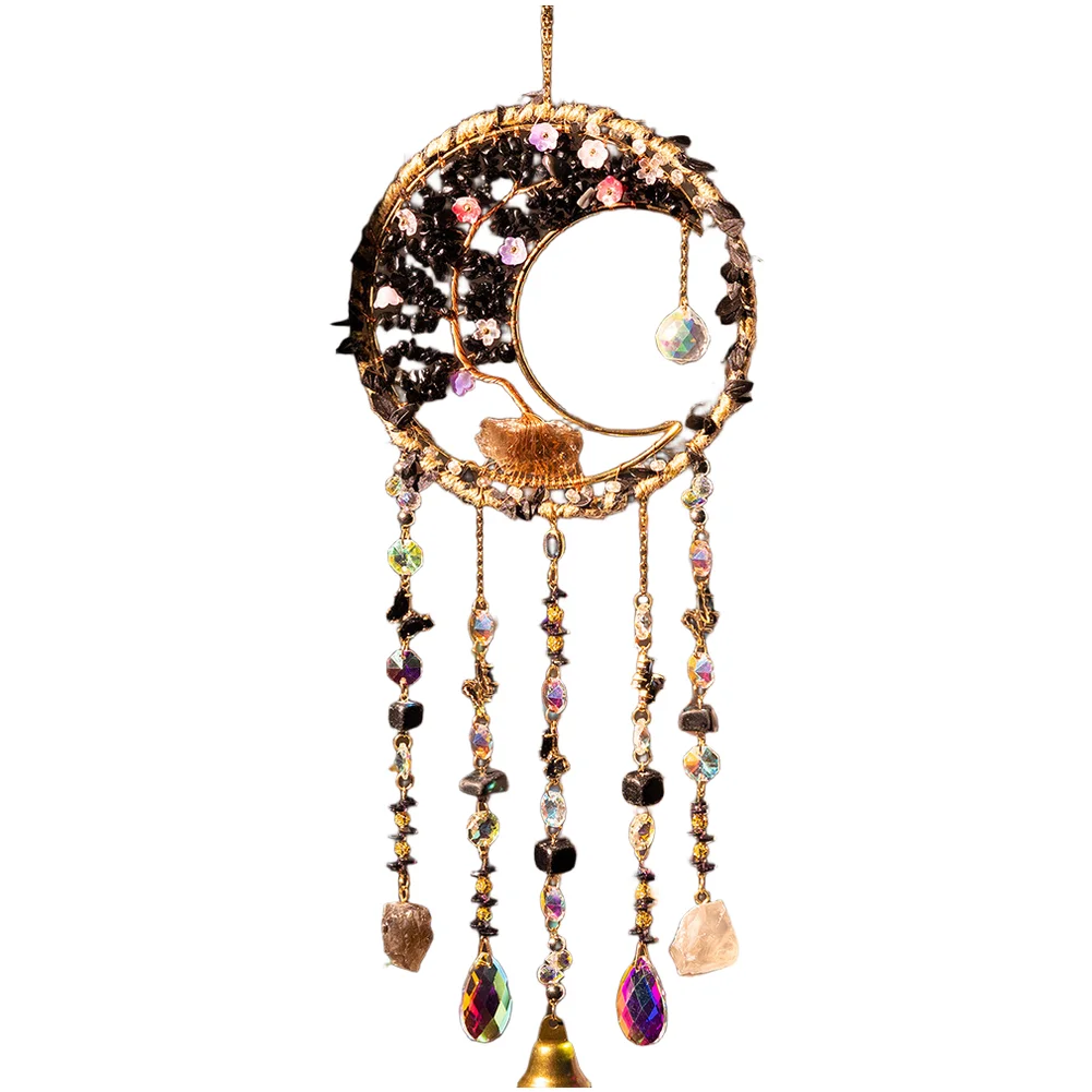 Bohemian Stone Wind Chime Decor Featuring For dreamcatcher Silhouette and Moon Accents for Wall or Ceiling Mounting