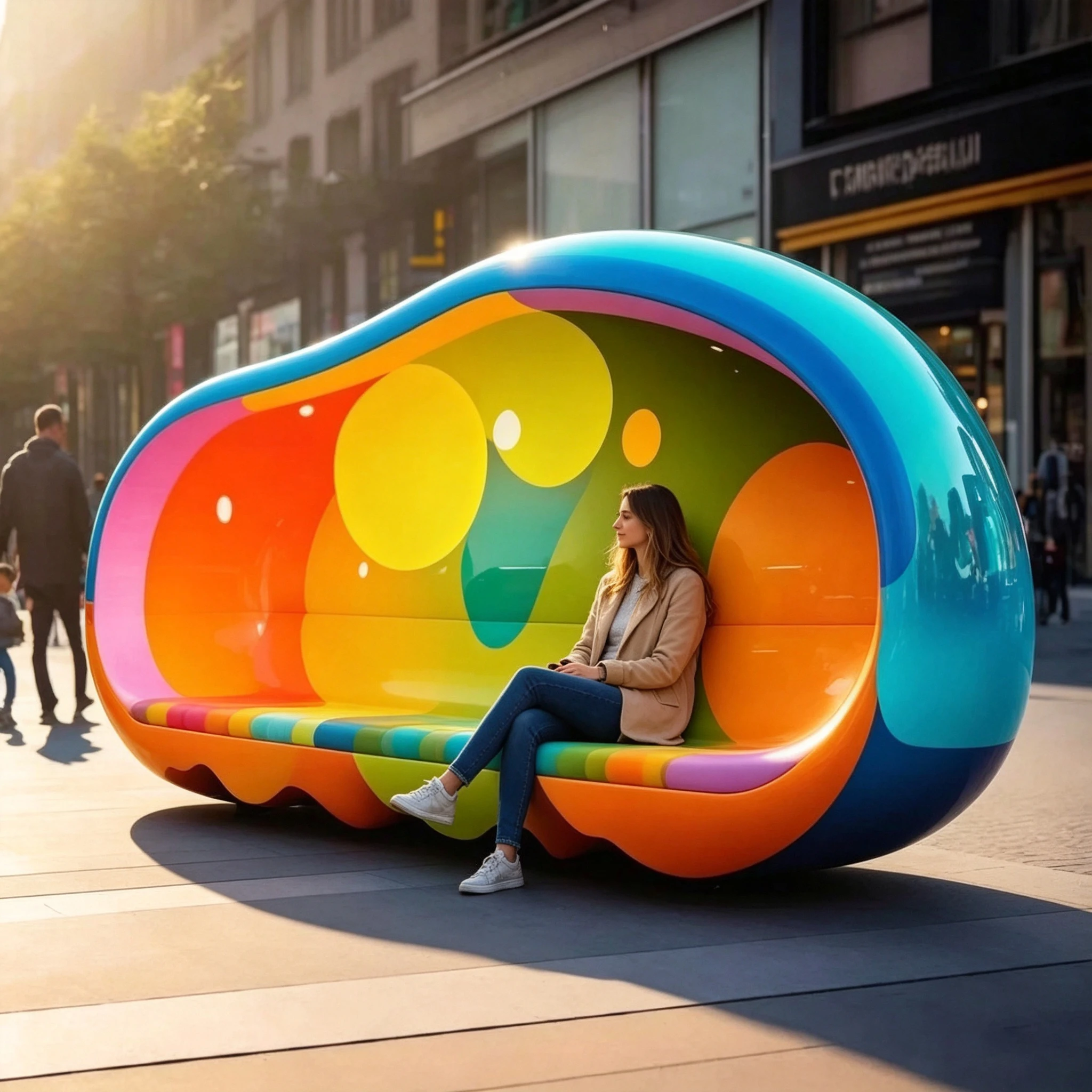 s*-Rainbow Gradient Egg-Shaped Outdoor Sofa Fiberglass Structure Commercial Public Seating for Mall Plaza