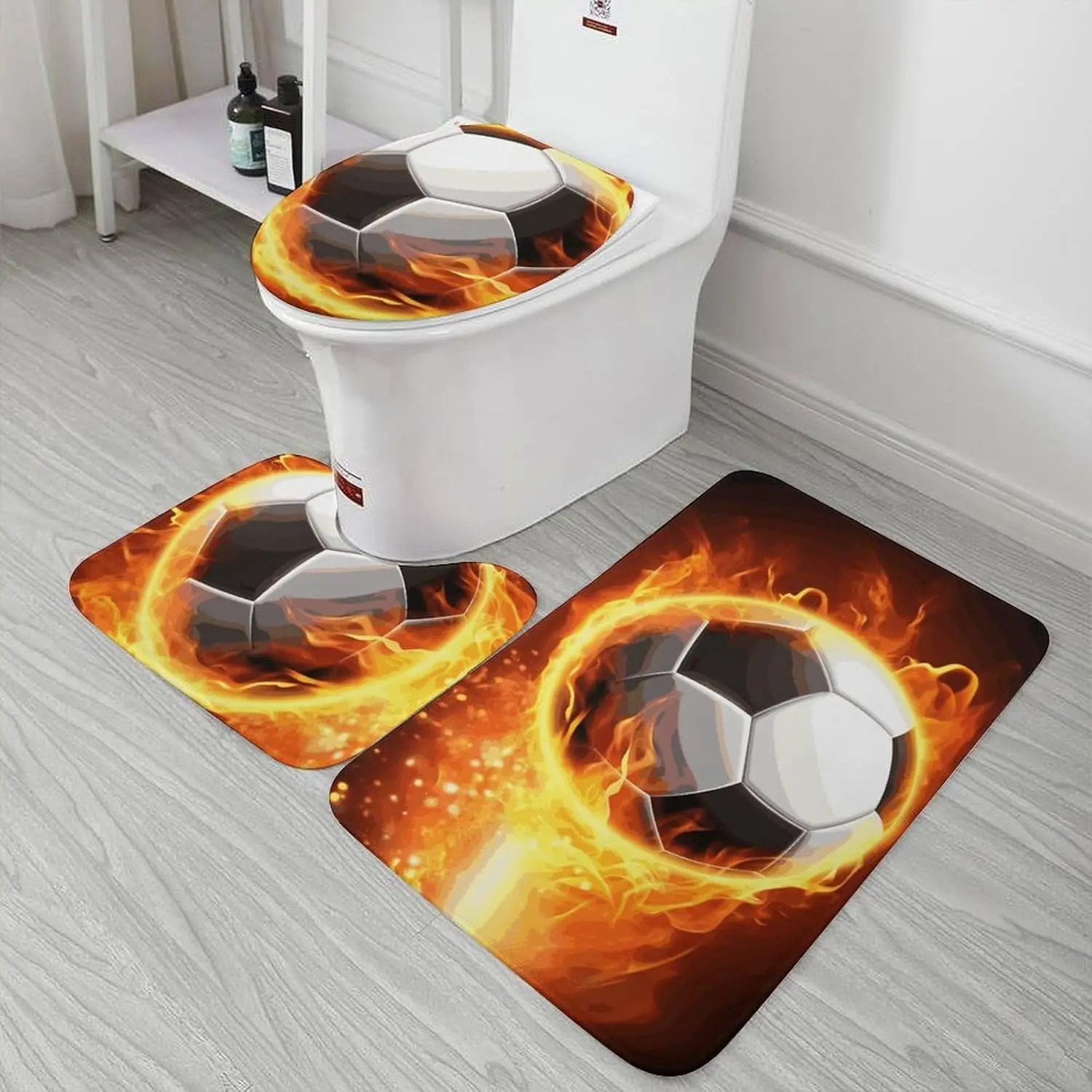 3 Piece Bath Rug Set Non Slip Absorbent Bath Mat Contour Mat with Toilet Lid Cover Soccer Flame Soft Floor Mats for Bathroom