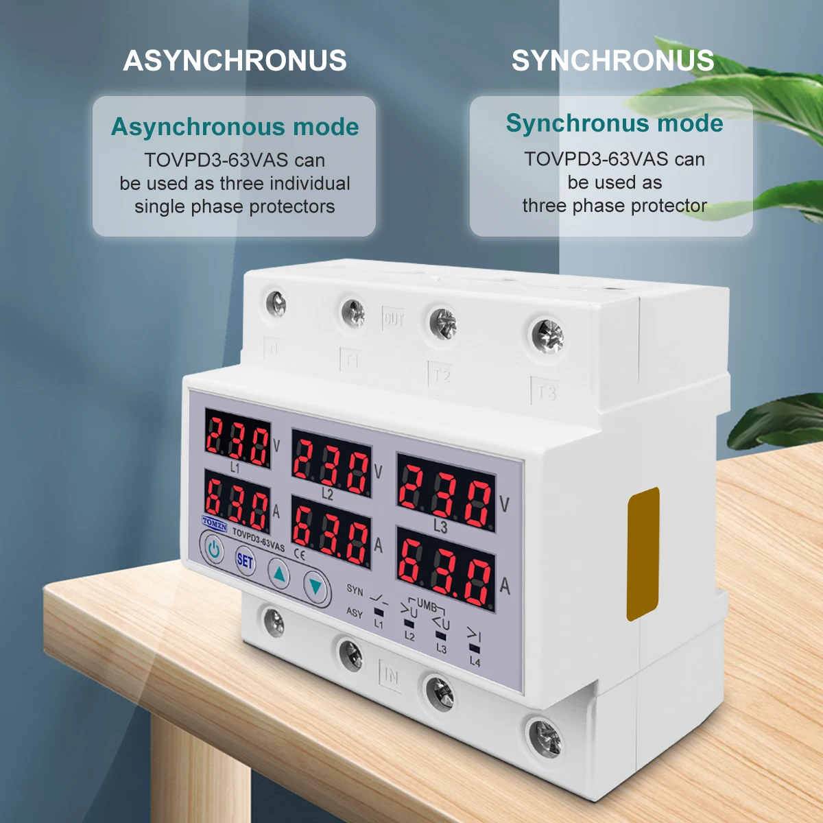 3 Phase 63A Din rail adjustable Over Under Voltage current limit protection Relay Protector SYN ASYNC Synchronous Asynchronous