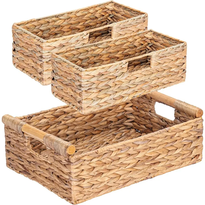 

Storage Baskets for Organizing with Wooden Handles for Shelves, 2 Bathroom Small Basket, Water Hyacinth Toilet Paper Baskets,