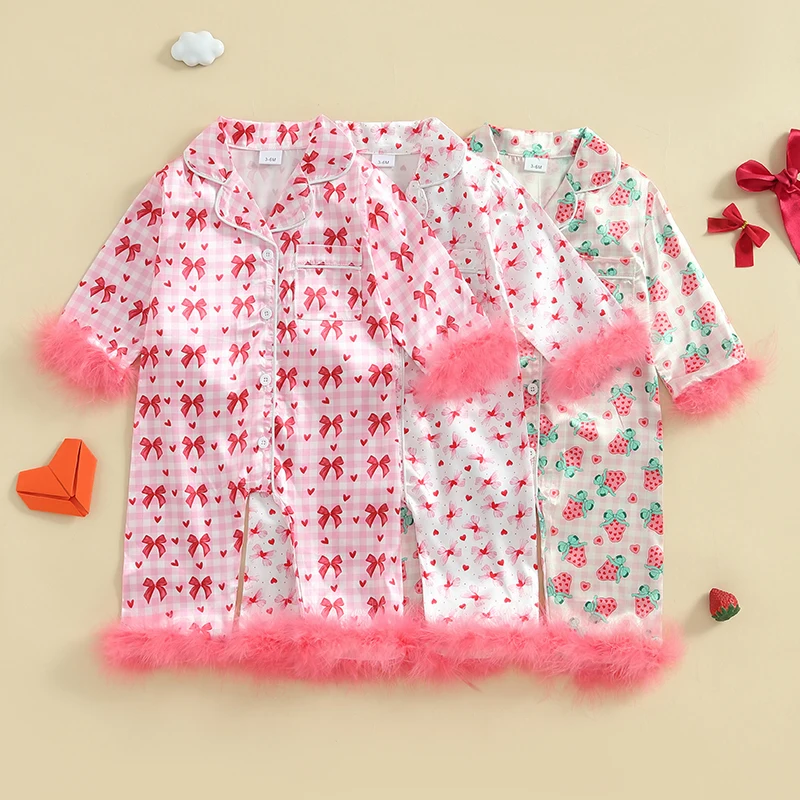 Baby Girl Romper Cute Pajamas Valentines Day Bow/Strawberry Print Feather Cuffs Long Sleeve Button Down Jumpsuit Sleepwear