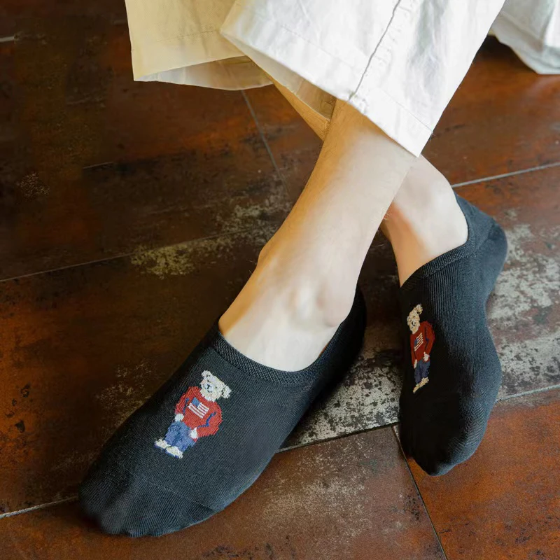 5 Pairs of Super Cute Bear Embroidered Cartoon Bear Boat Socks, Soft and Comfortable, Sweat Wicking and Versatile Short Socks