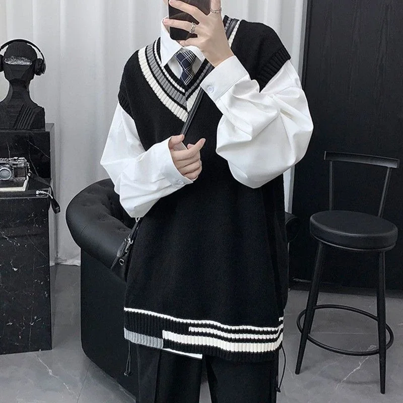 

Autumn Winter Men's Wool Vest Street Brand Ins Style Hong Kong Style Couple Preppy V-Neck Knitwear High Quality Casual Loose Fit