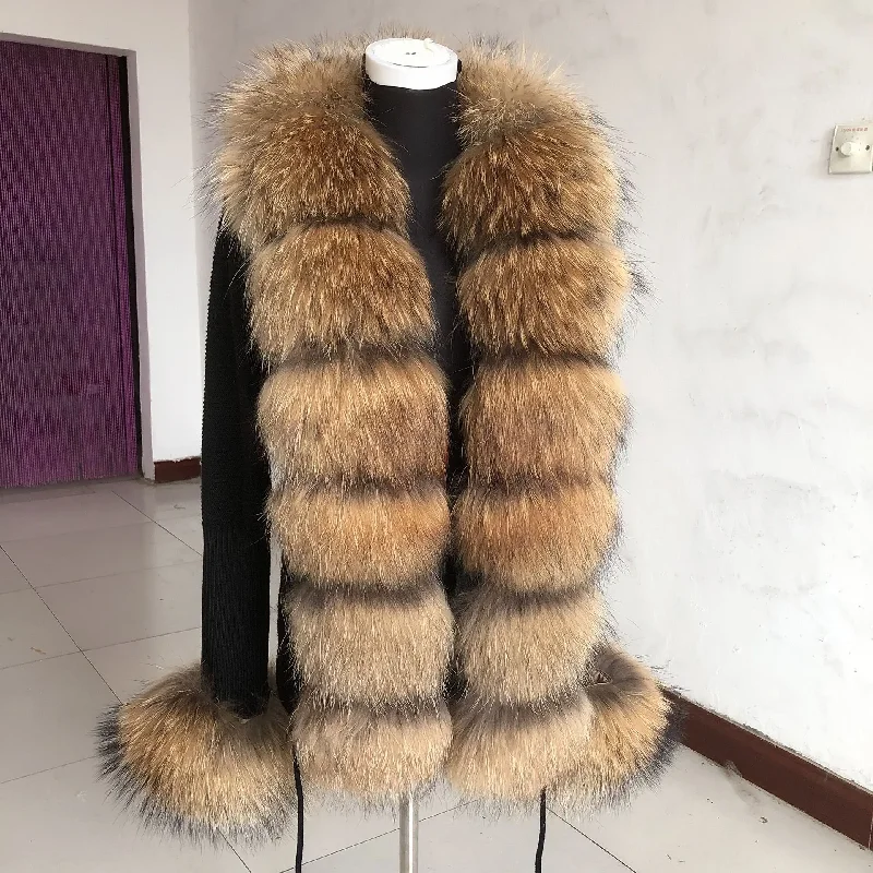 Women's Real Fox Fur Cardigan Jacket Spring And Autumn With And Real Fashion Fox Fur Collar Women Raccoon Fur Cardigan Jacket
