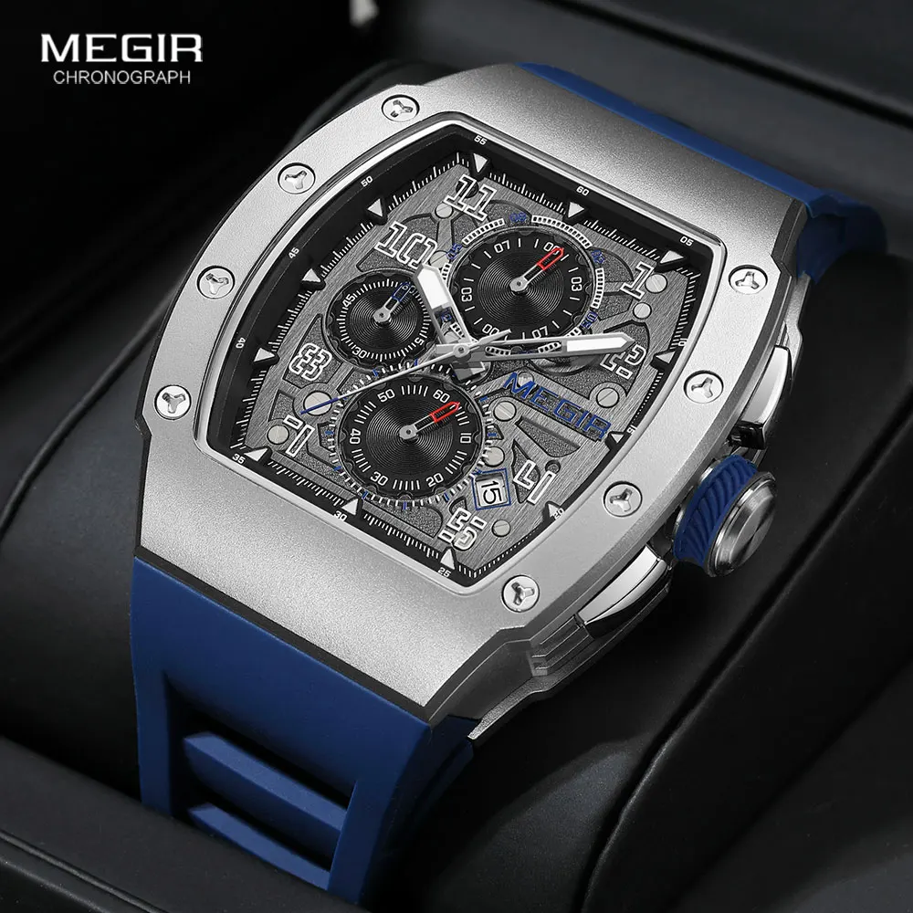 MEGIR-Montre à quartz chronographe de luxe pour homme, acier inoxydable, montre-bracelet à quartz avec aiguilles shoes, date automatique, bracelet en silicone bleu