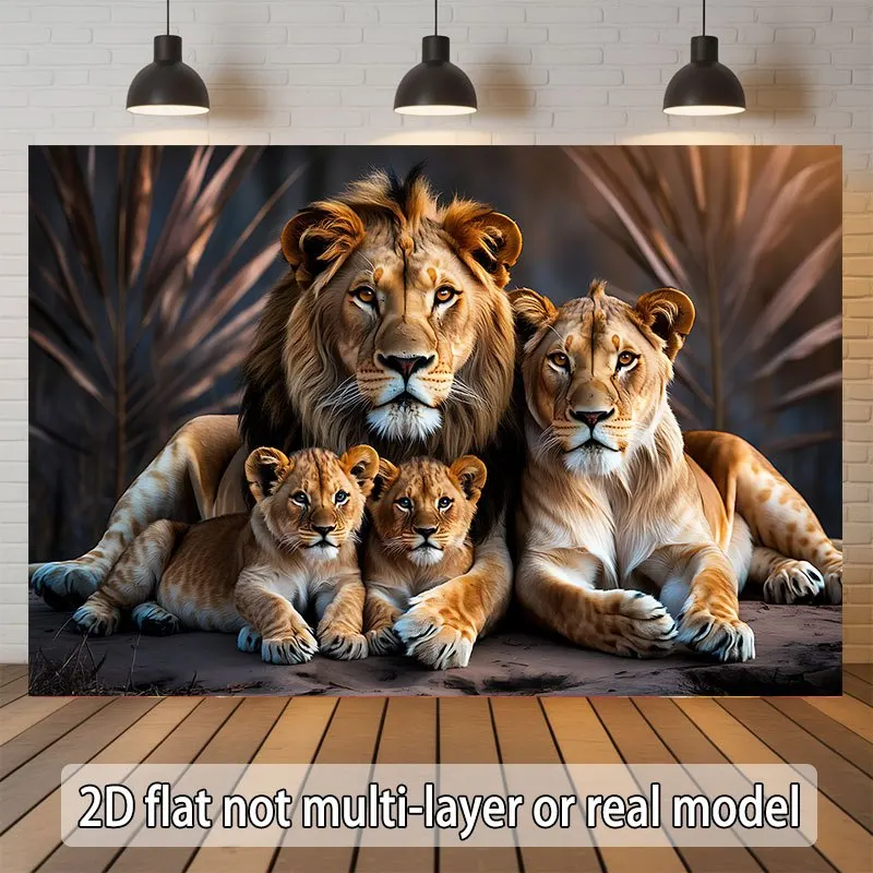 2D Flat, Lion Family Portrait Cubs Adult Wildlife Safari Tapestry Animal Lover Gift Wall Art Kids Room Decor African Nature