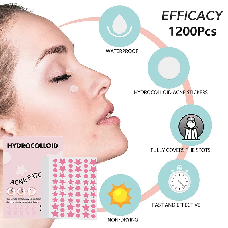 

1200Pcs Invisible Acne Patches Removal Pimple Anti-Acne Hydrocolloid Star Spots Marks Concealer Repair Sticker Waterproof ﻿