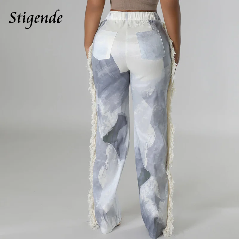 Stigende Women Patchwork Tassel Straight Pants Print Pocket Wide Leg Pants