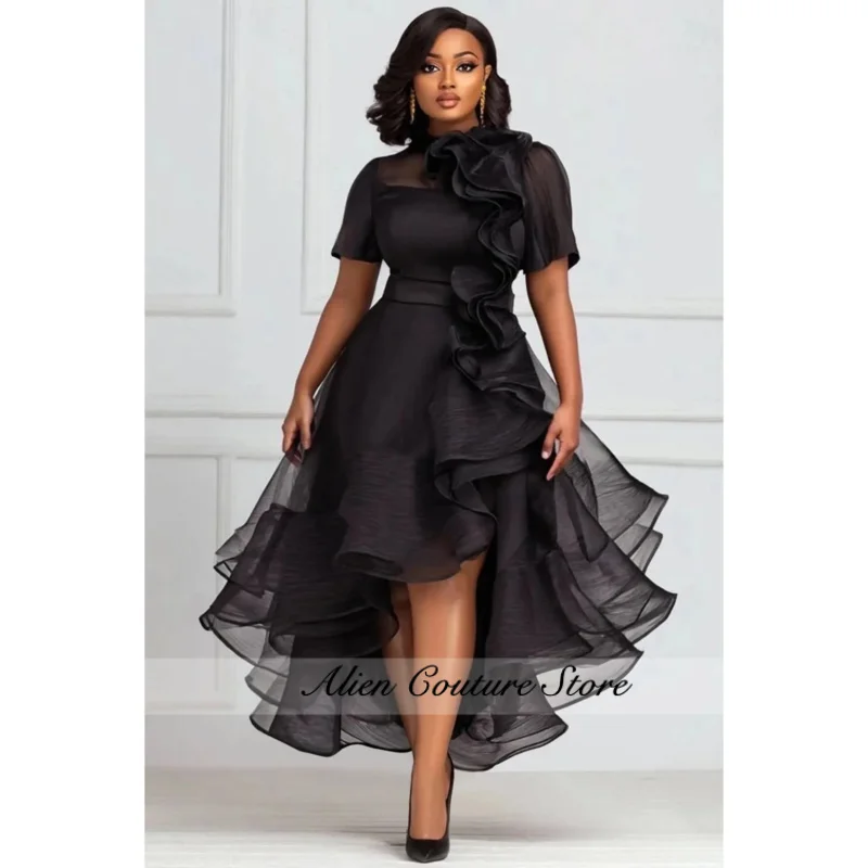 Organza High‑Low Plus Size Dress Short Sleeve 3D Ruffle Asymmetric Hem Formal Gown Women Curvy Evening Cocktail Elegant Dress