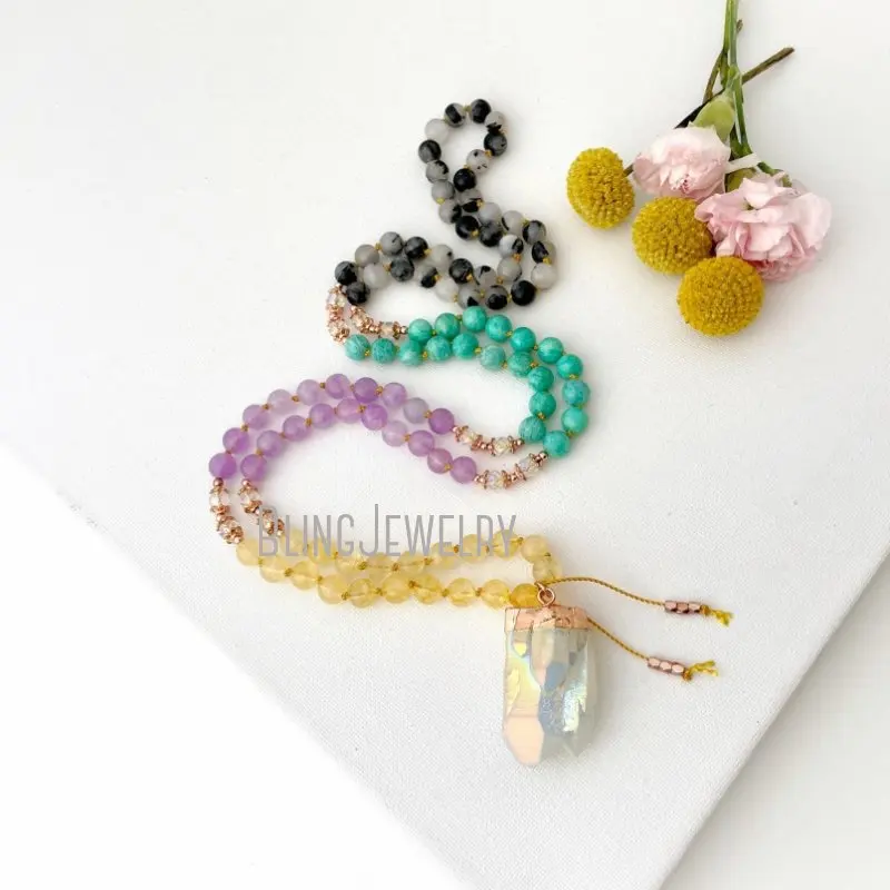 MN43567 Goddess Mala Necklace With Amazonite Amethyst Citrine Tourmalinated Mystic Aura Quartz  Beads 108  Prayer 