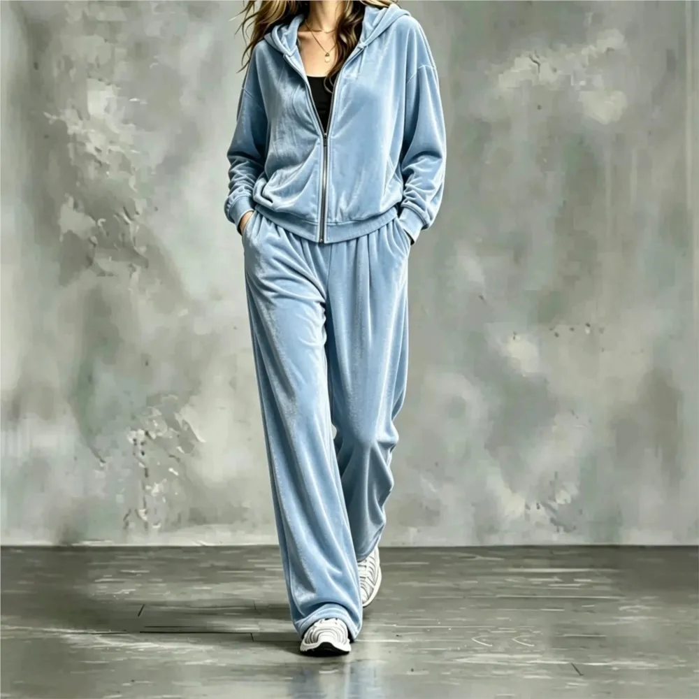 Neues Herbst-Winter-Mode-Set aus Samt mit Kapuzenpullover und Hose, 2-teiliges Set für Damen, lässiger, lockerer Anzug mit weiten Hosenbeinen und Taschen.