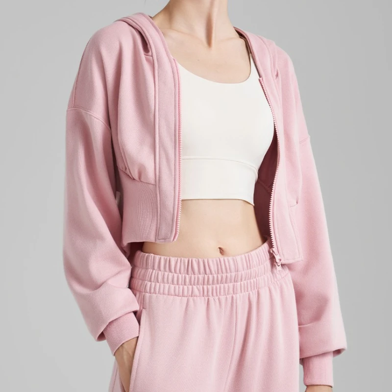 

Autumn New Hooded Top Double Zipper Loose Solid Color Short Sports Jacket Running Training Fitness Clothes Women