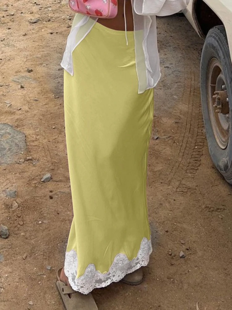 

Tossy Satin Lace Patchwork Long Skirt For Women Slim Casual High Waist Elegant Contrast Party Looks Women's Autumn Maxi Skirt