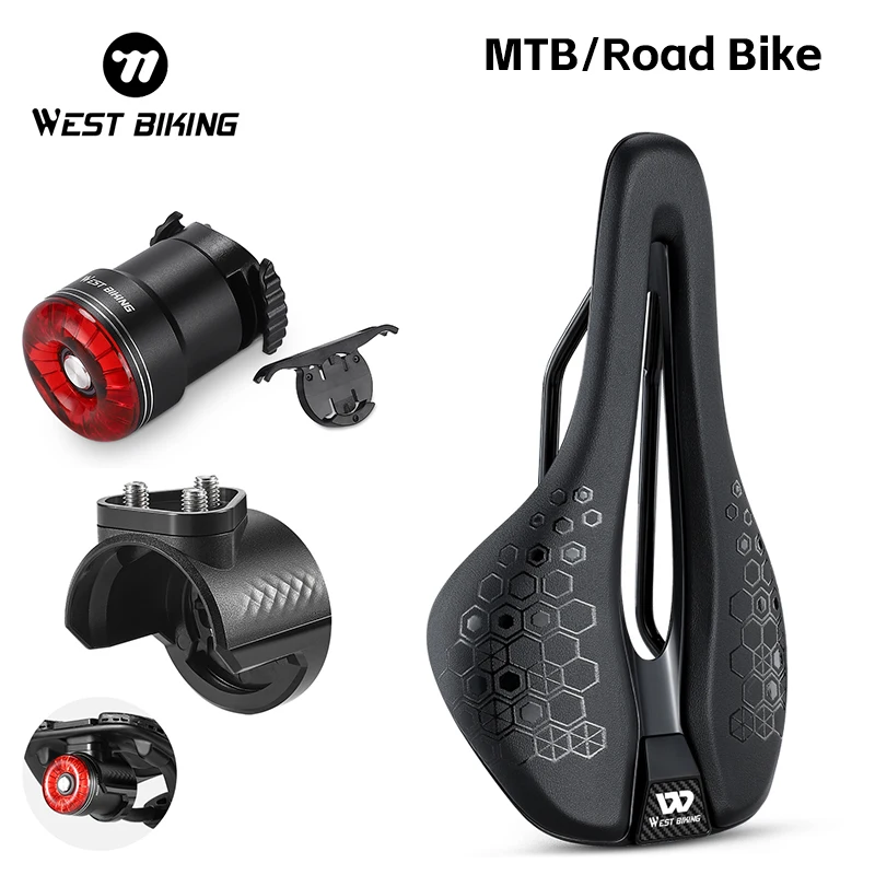 WEST BIKING MTB/Road Bicycle Saddle Taillight Hollow Seat PU Leather Nylon Short Nose Design Road Events Safe Bicycle Parts