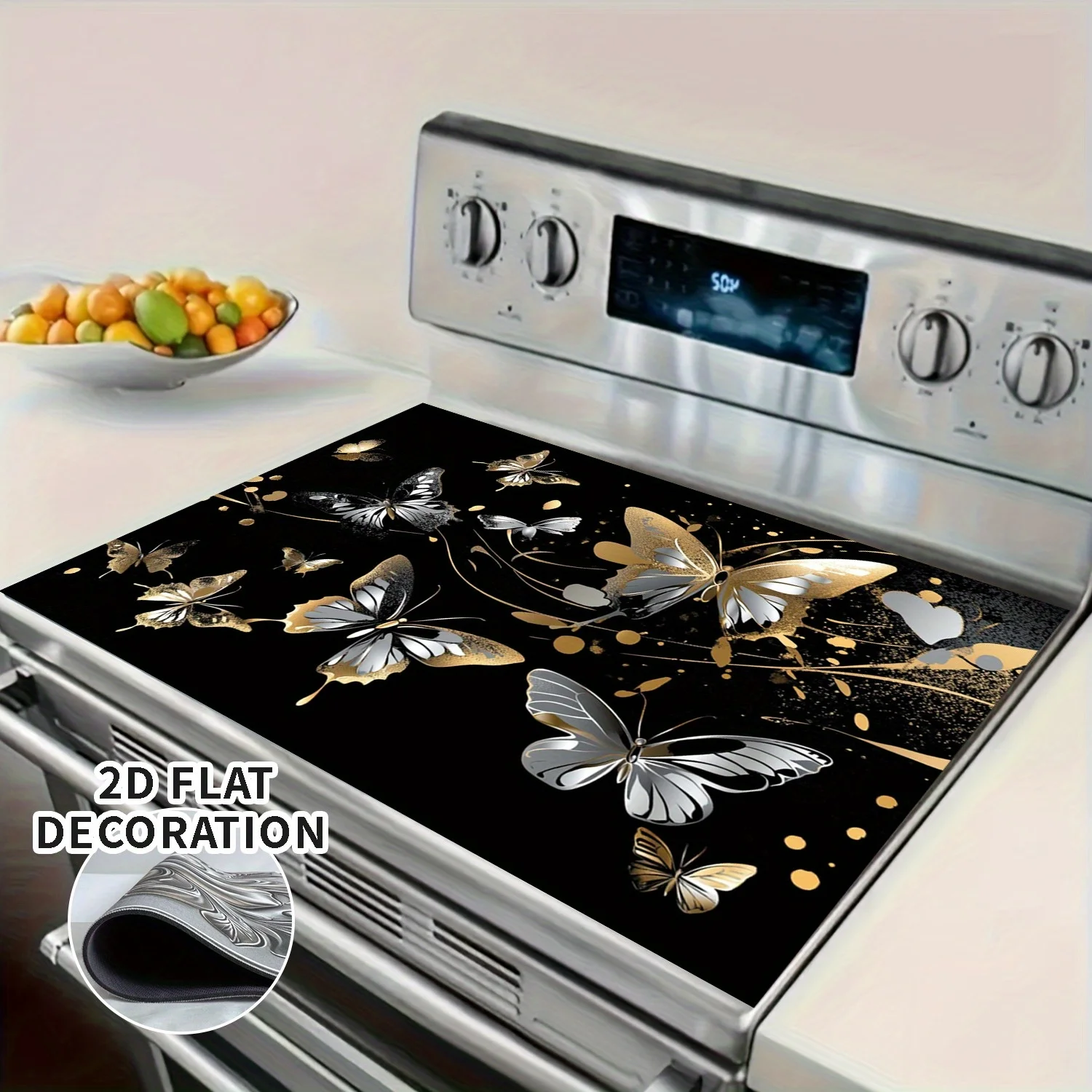 Butterfly Floral Stove Top Cover Heat Resistant Non Slip Protector Mat for Induction Cooktop Kitchen Decor 2D Flat Pad