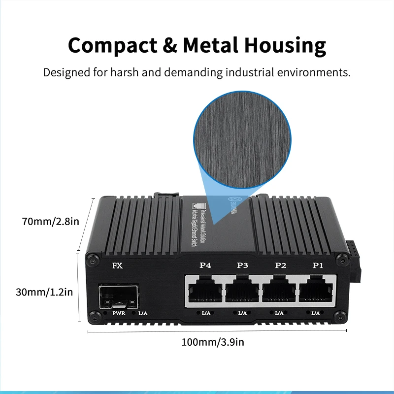 Mini Industrial 4-Port 10/100/1000T 802.3at PoE + 1-Port 100/1000X SFP Ethernet Switch with 9~56VDC Input and Voltage Booster