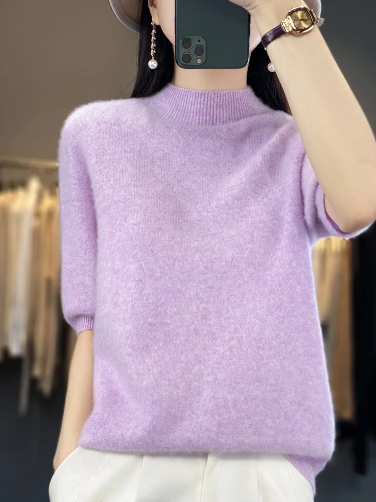 Fashion Short Half Sleeve Cashmere Women Knitted Sweater 100% Pure Merino Wool Mock-Neck Tops Pullover Clothing Knitwear