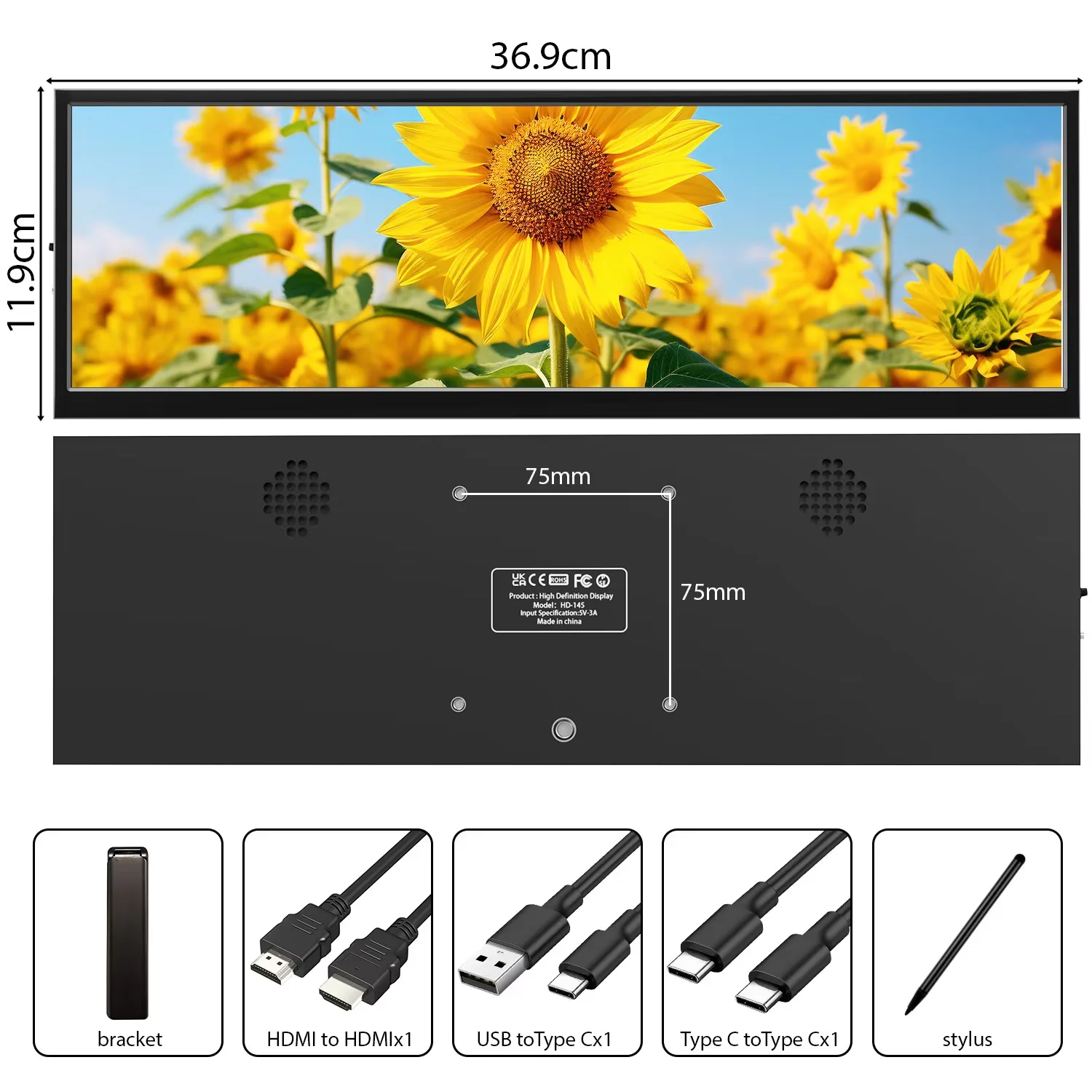 14.5 Inch 2K Touchscreen Stretched Bar Monitor 2560x720 IPS LCD, USB‑C Input, Touch Secondary Display for PC Case CPU GPU Monit