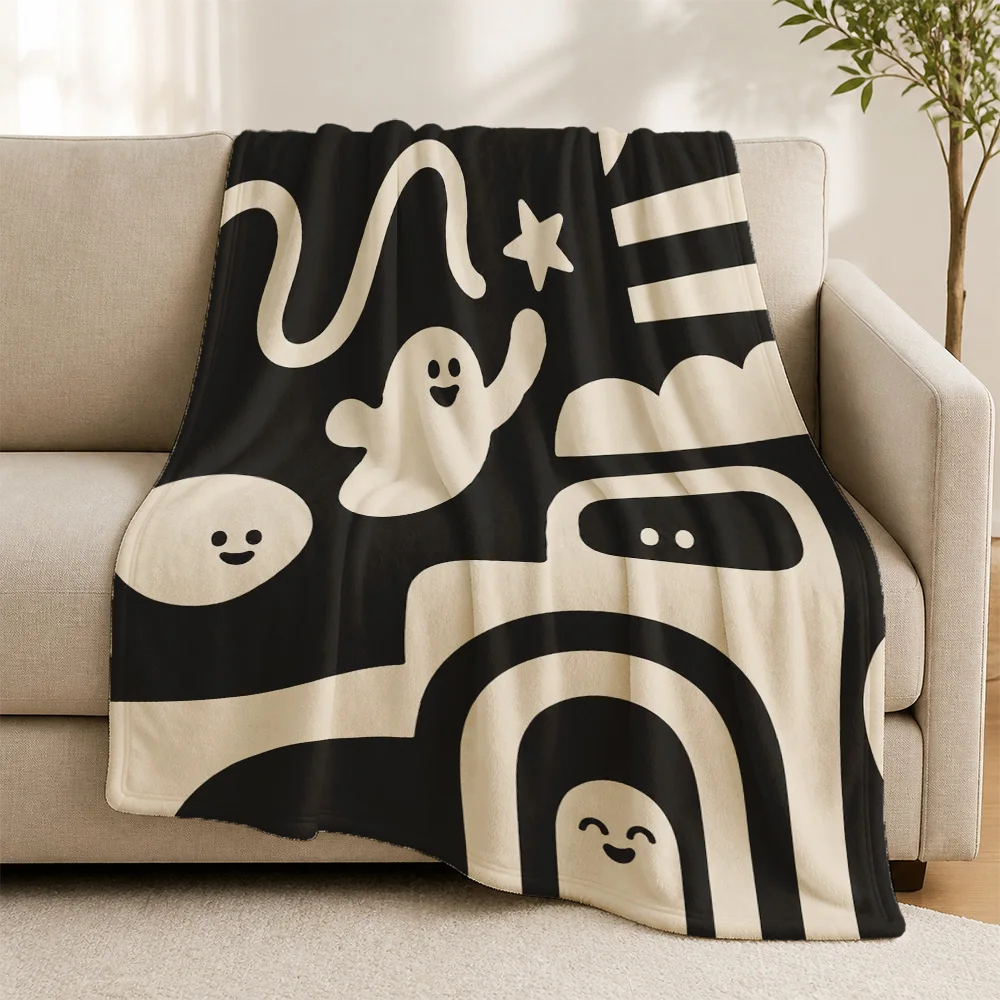 Whimsical Black Throw Blanket Sofa Decor Rainbow Ghost Smiley Face Cartoon Pattern Cozy Couch Throw for Living Room Nursery Home