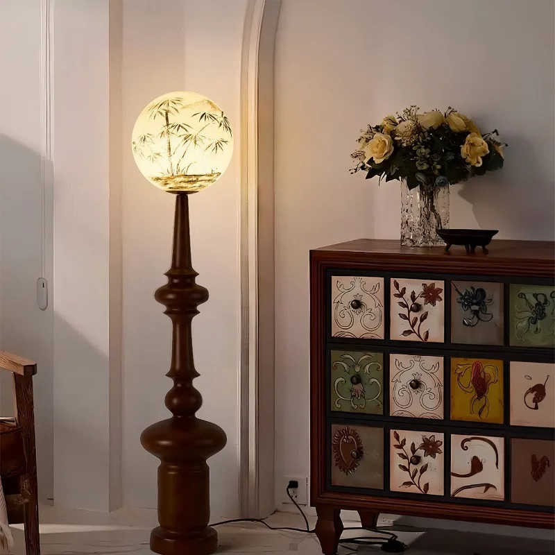 Vintage Roman Column Floor Lamps Circular Fabric Shade Living Room Sofa Side Bedroom Bedside Study Walnut Color Standing Lights