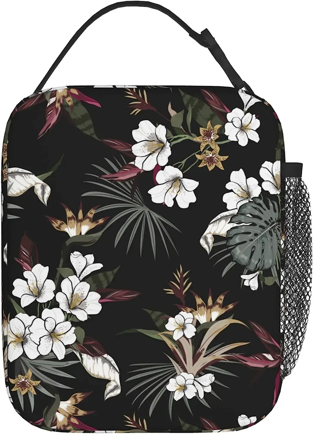 Witte Bloemenprint Thermische Lunchbox Voor Vrouwen Meisjes Geïsoleerde Lunchtas Herbruikbare Draagbare Koeltassen Voor Werk Picknick Reizen