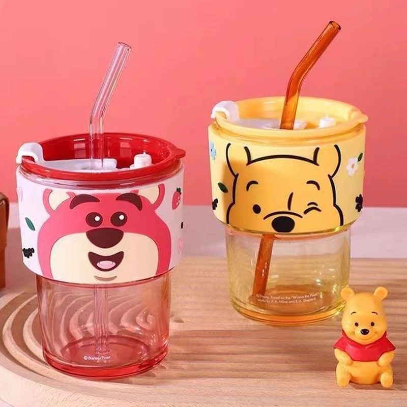 400ml Disney Figures Winnie The Pooh Lotso Transparent Glass Milk Cartoon Milk Kitchen Printed Drink Juice Sippy Cup For Gift