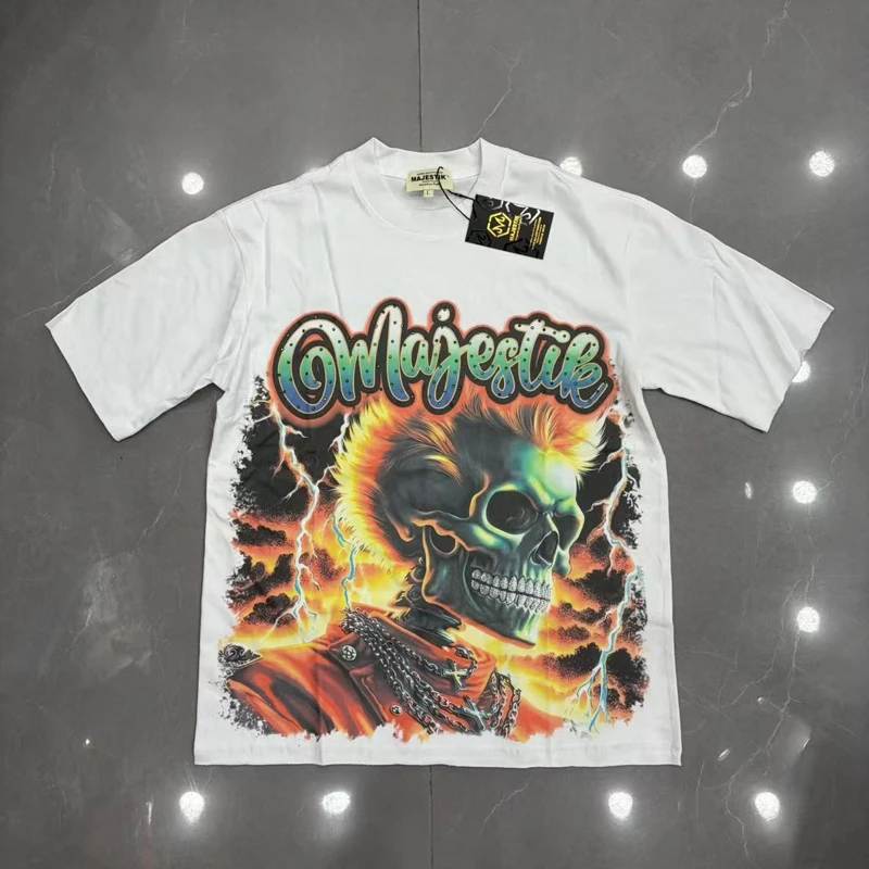 High Street MAJESTIK T-shirt High Quality Casual Alien Pattern Rhinestone Short Sleeve Tshirt
