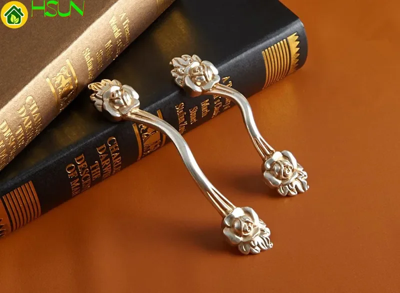 Shabby Chic Rose Flower Dresser Pulls Handle Antique Silver Cabinet Knobs Drawer Handle Countryside Cupboard Knob Hardware