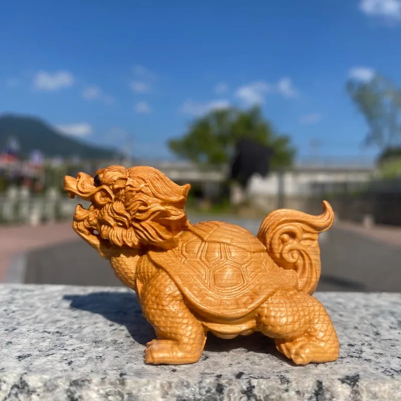 Hand-carved Wooden Dragon Turtle Statue, Auspicious Longevity Good Fortune Feng Shui Desk & Tea Pet Ornament