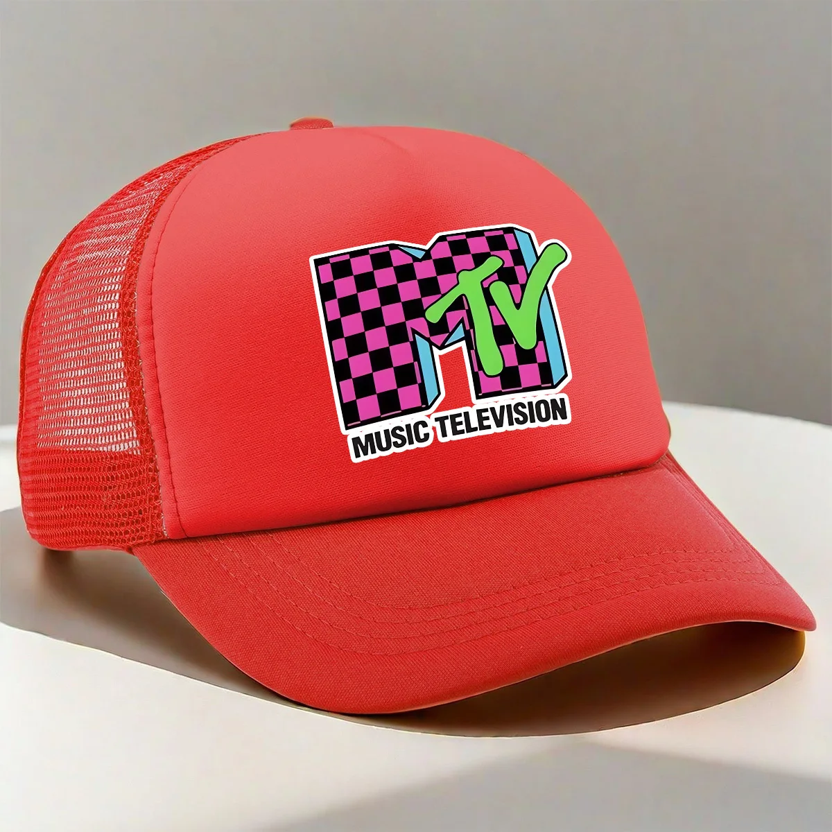 

Adjustable Mesh Baseball Cap with Fun MTV Logo Design - Lightweight, Breathable Trucker Hat in White & Brown,