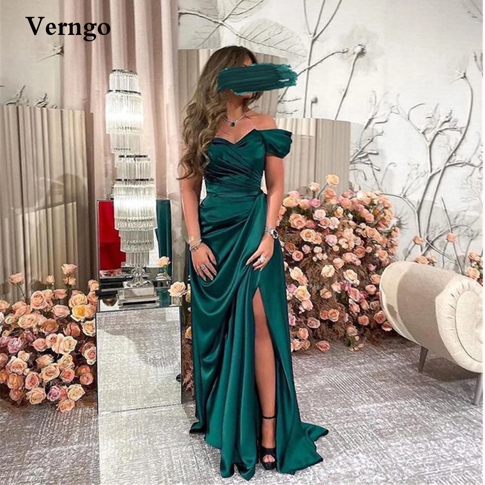 

Verngo Dark Green Satin Long Evening Dresses Off the Shoulder Pleats Side Slit Women Formal Prom Dress Plus Size Robe de soiree