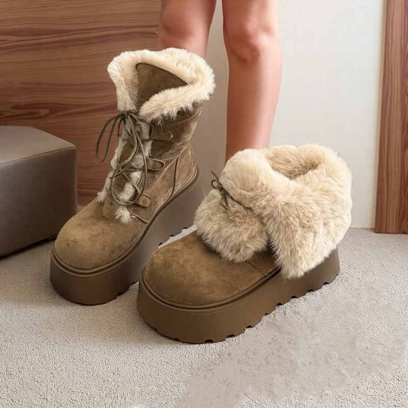 

Winter Chunky Thick Sole Women Fur Snow Boots Concise Height Increase Shoes Ladies Outdoor Keep Warm Cotton Short Booties