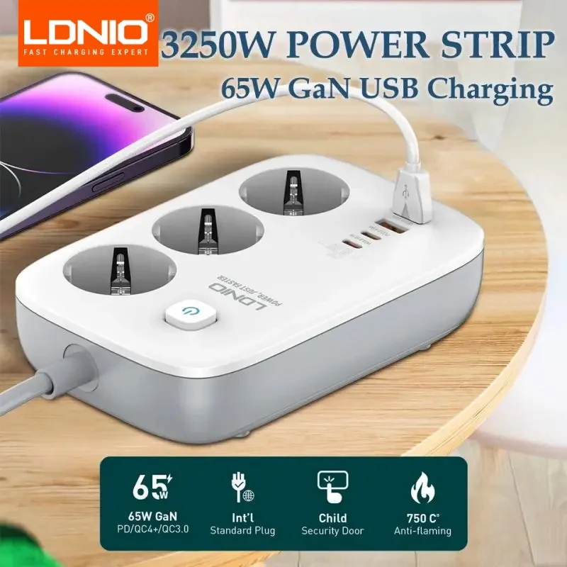 LDNIO Power Strip EU Standard 3 Outlets 4 USB Ports PD65w GaN UsB Charging 3250W Network Filter 2M Extension Cord Socket adapter