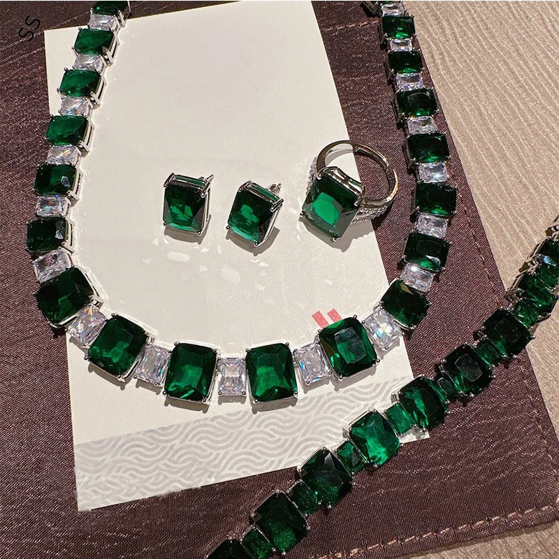 Emerald One Row Gem Necklace Antique Malachite Green Rectangular Zircon Jewel 4 Piece Sets Earring Ring Bracelet