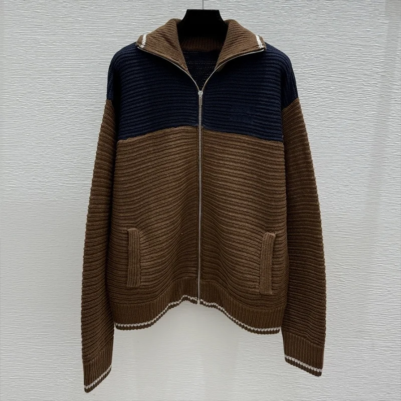 

Высококачественный разноцветный полосатый женский кардиган на молнии с воротником-стойкой, уменьшающий возраст свитер 251102204