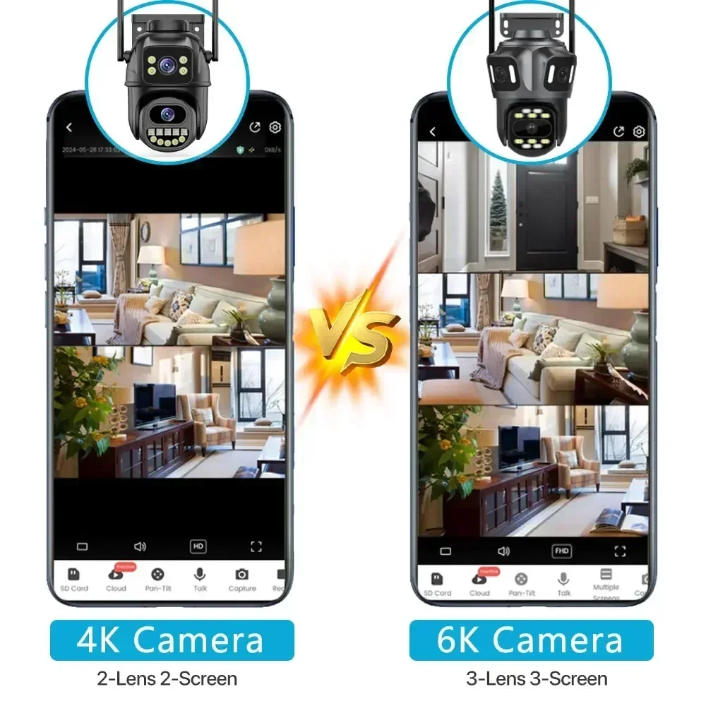 Three Lens IP Camera 6K 12MP WiFi Wireless Security Protection Outdoor PTZ Human Auto Tracking CCTV Video Surveillance Icsee App