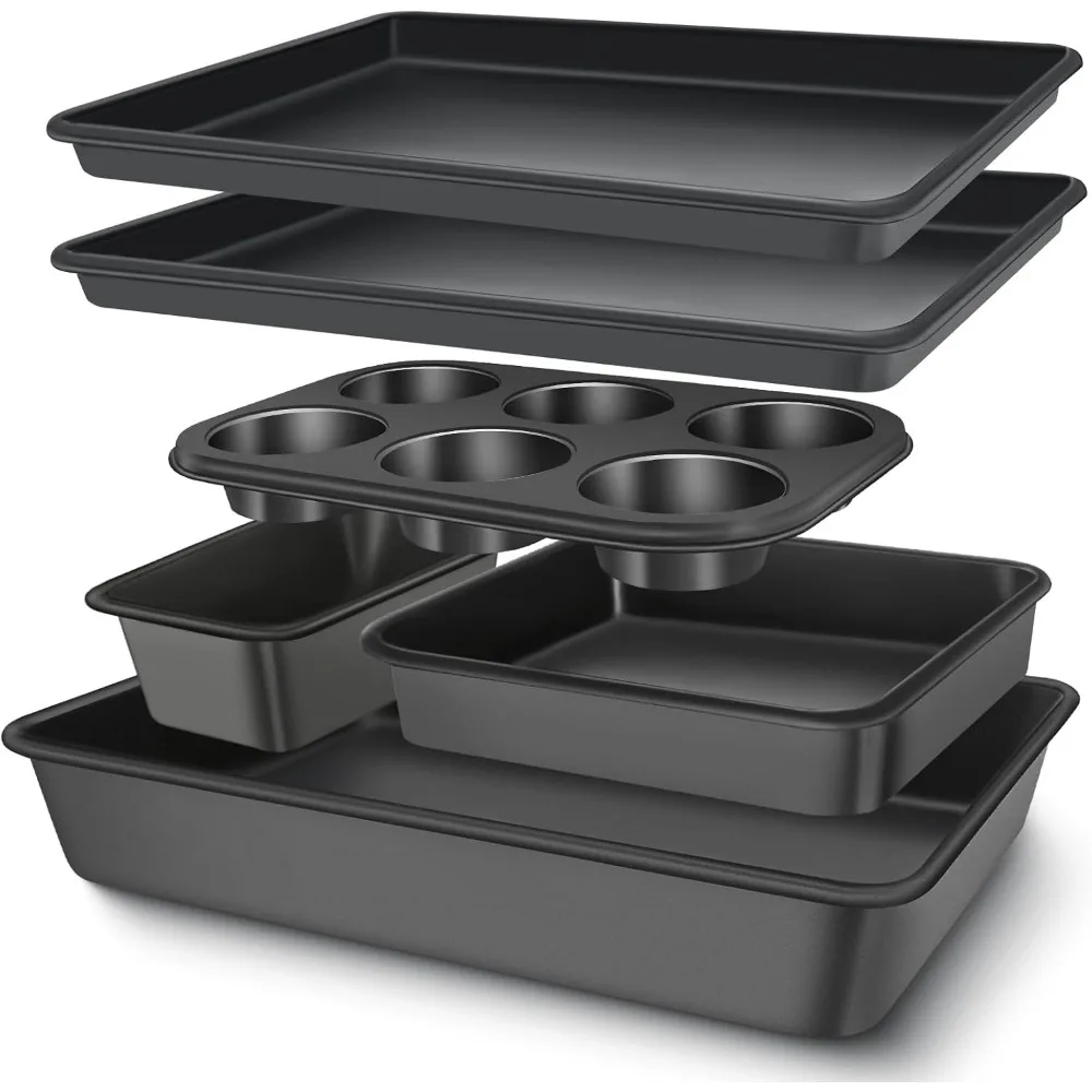 

6-Piece Nonstick Bakeware Set: Cookie Sheet, Roaster Pan, Square Pan, Loaf Pan, Muffin Pan - Carbon Steel