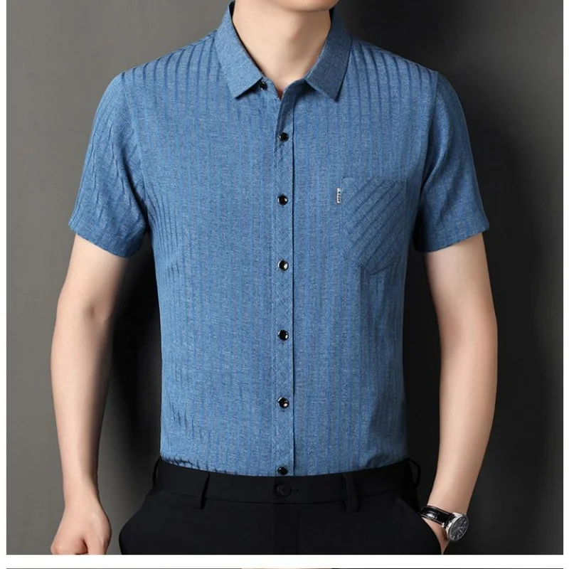 Summer Linen Short Sleeve Men\'s Shirt Lapel Button Pockets Middle Youth Casual Smart Casual Versatile Striped Silk Thin Top 2024