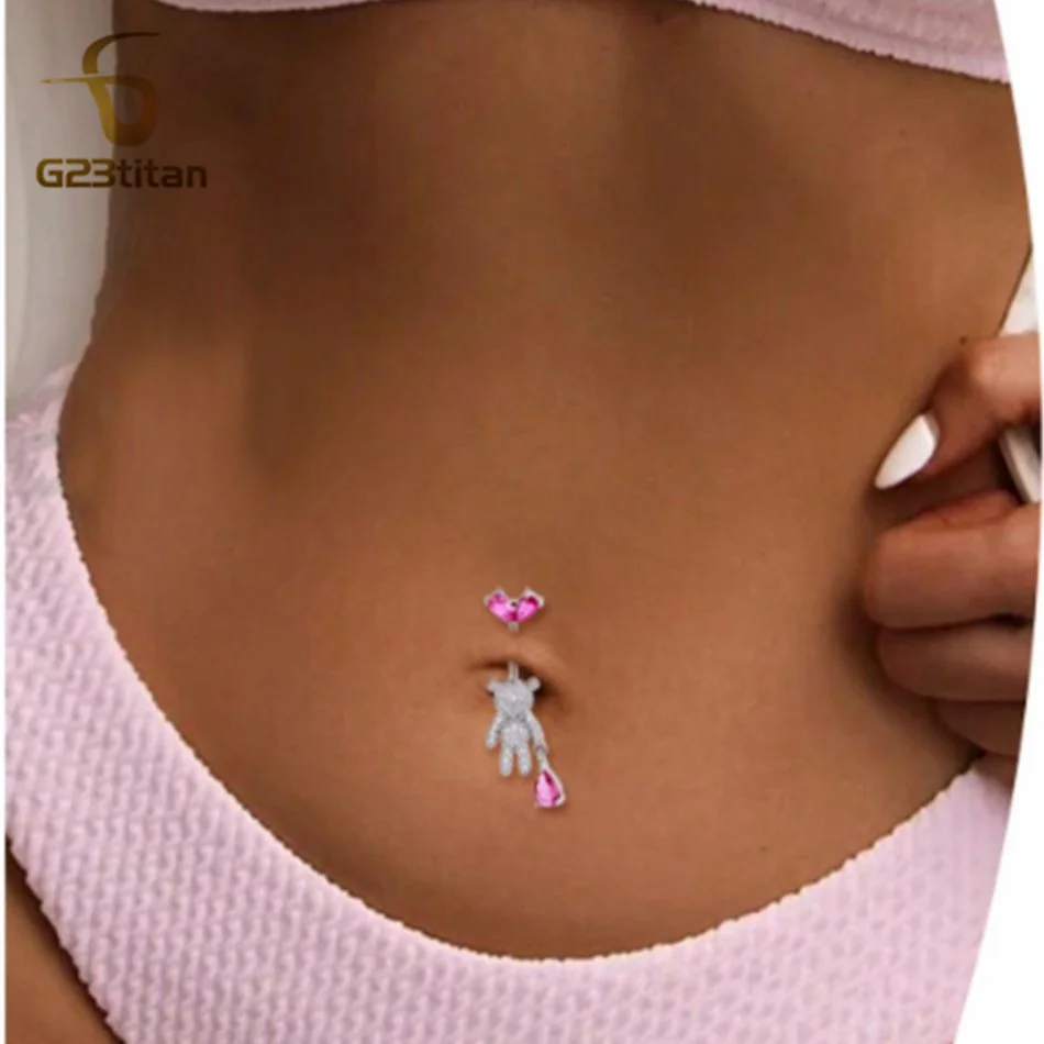 Y2K Pink Heart Bear Floating Navel Ring Bling CZ Animal Belly Piercing 14G Titanium Barbell Hottie Body Jewelry Beach Accessory