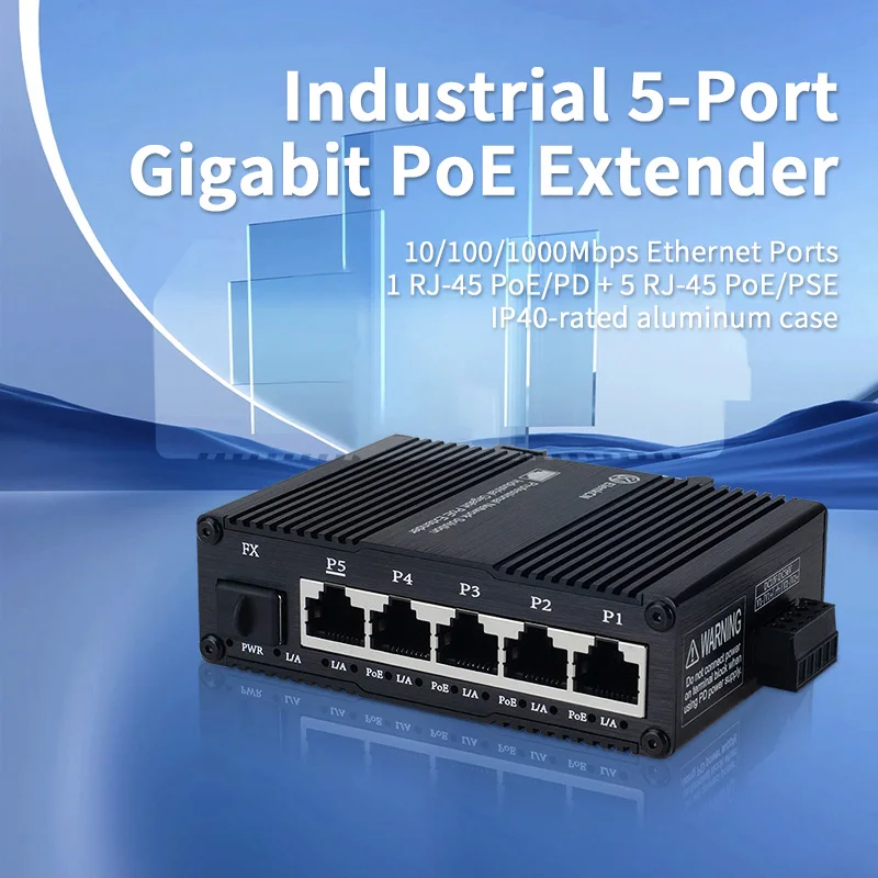 Mini Industrial Gigabit 30W 90W PoE Extender 1 In 4 Out, 10/100/1000Mbps IEEE802.3af/at/bt PoE Repeater Din Rail /Wall Mount