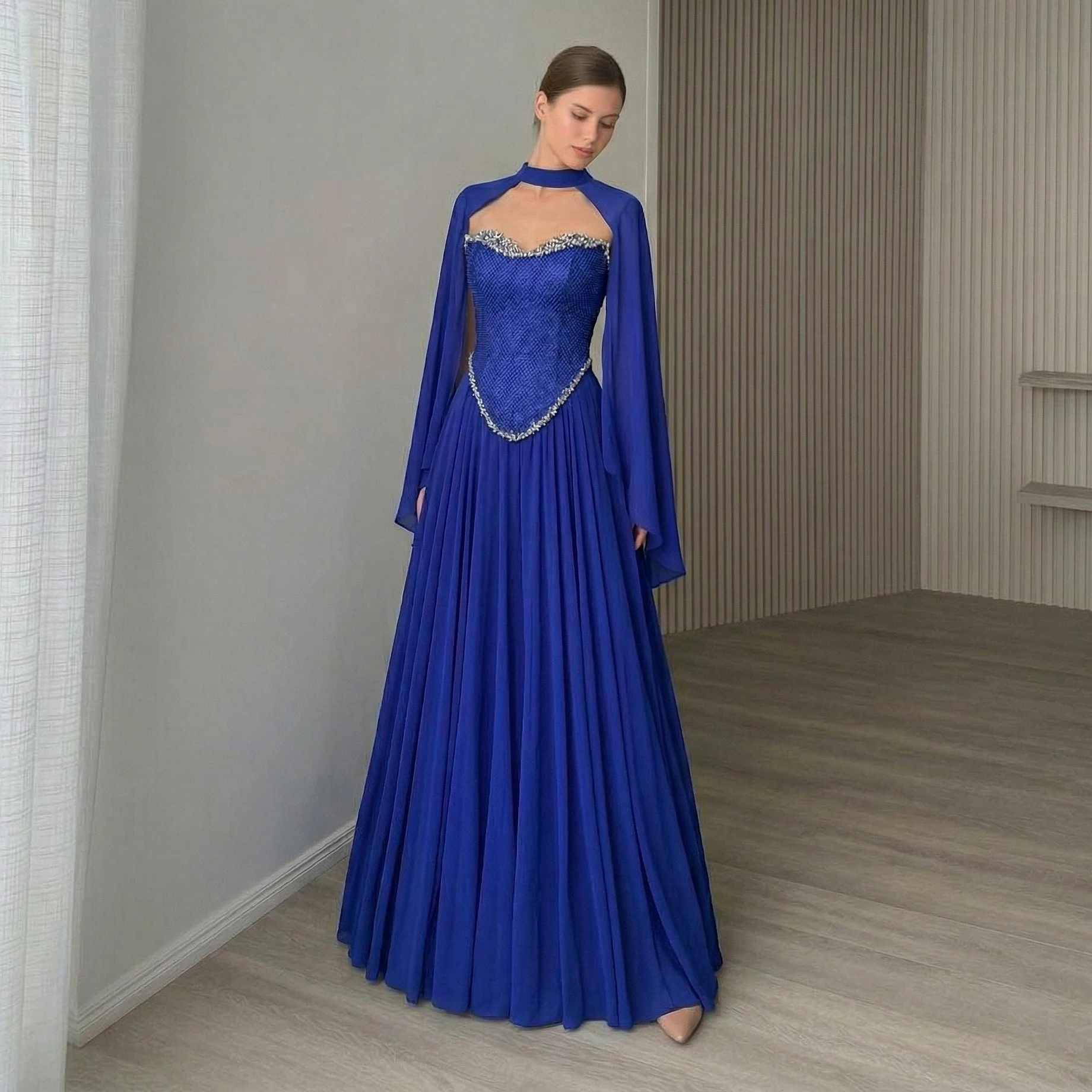 Sharon Said Ballkleid in Königsblau, A-Linie, hoher Ausschnitt, Cape-Ärmel, Kristallperlen, formelle Partykleider für besondere Anlässe, SH120, individuell gestaltet