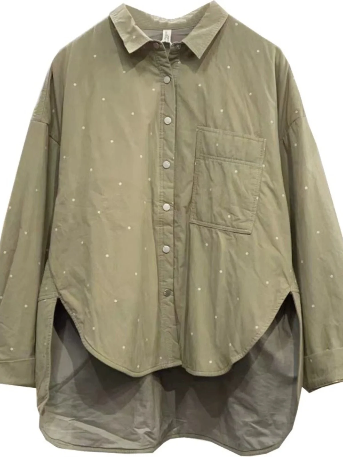 Leichte Baumwolle irt Jaet Damen Herbst Winter Lose Unregelmäßiger Kragen Lang Sve Pendeln Sle rundes Punktmuster