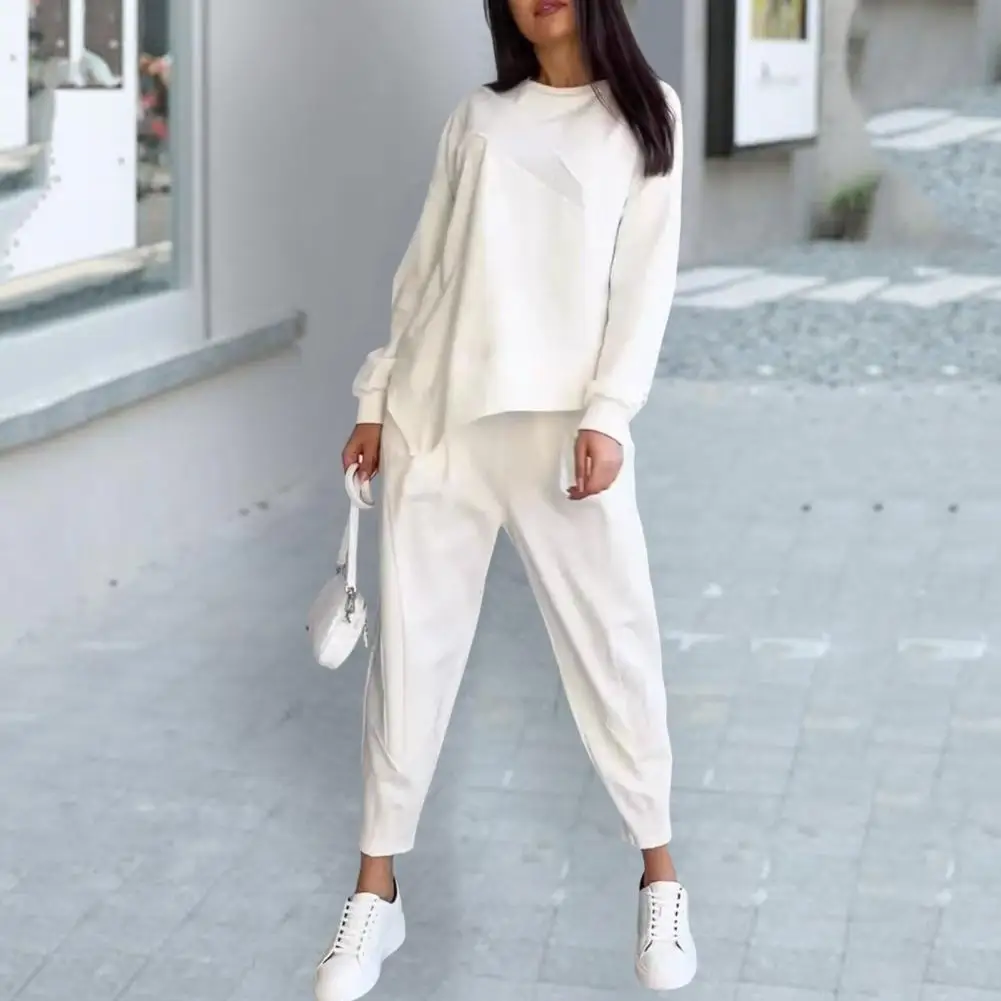 Women Casual Two-piece Set Loose Trousers Set Elegant Women's Fall Spring Pantsuit Set with Long Sleeves Side Pockets for Office