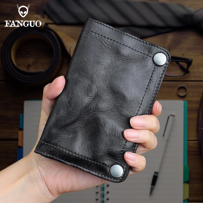 100% Genuine Leather Vertical Mens Wallets Retro Wrinkle Money Clips Luxury Short Billfold Card Holder Male Purse