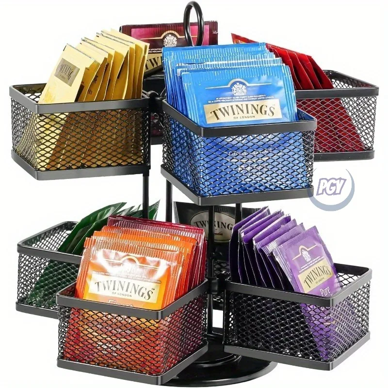 PGY Tea Bag Organizer Iron Storage Holder 360° Spinning Carousel 8 Compartments Rack for Kitchen Home Office Coffee Bar Counter