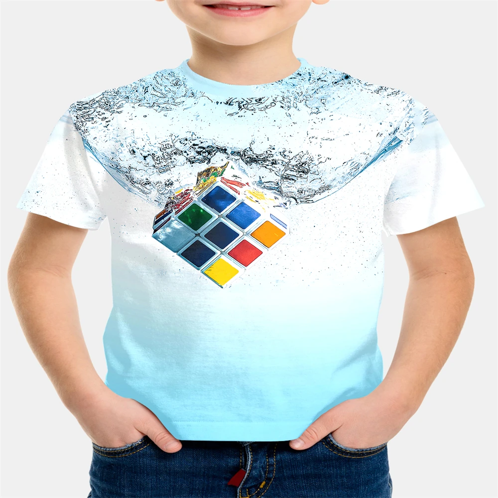 Children Clothing 3D Print T-Shirt Fashion Rubik’s Cube Pattern Tshirts Summer Boys Girls Tee Tops Streetwear Top Childs T-Shirt