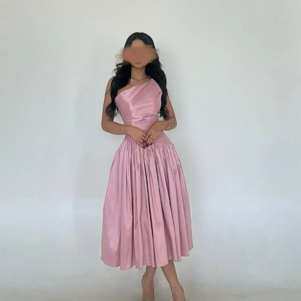 

Customized Pink A-Line Prom Dresses Tea-Length Spaghetti Strap Sleeveless V-Neck Evening Gown Simple Fashion Draped Party Gown