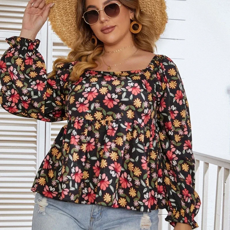 Plus Size Floral Printed Square Neck Summer Spring Elegant Peplum Blouse Women Lantern Sleeve Casual Boho Blouse Large Size 7XL